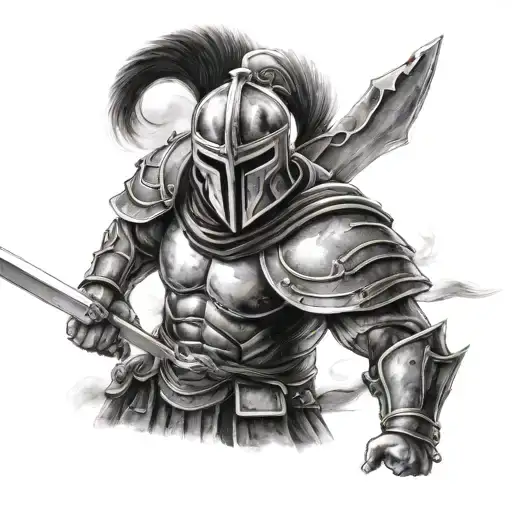 A dramatic black and white illustration of a Spartan soldier in black armor, wielding a sword and helmet, fighting again tattoo design idea