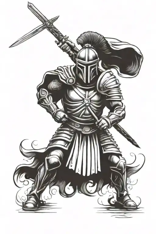 A dramatic black and white illustration of a Spartan soldier in black armor, wielding a sword and helmet, fighting again tattoo design idea