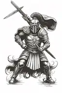 A dramatic black and white illustration of a Spartan soldier in black armor, wielding a sword and helmet, fighting again tattoo design idea
