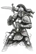 A dramatic black and white illustration of a Spartan soldier in black armor, wielding a sword and helmet, fighting again tattoo design idea