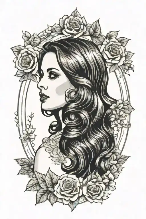 Lana Del Rey portrait in picture frame tattoo design idea