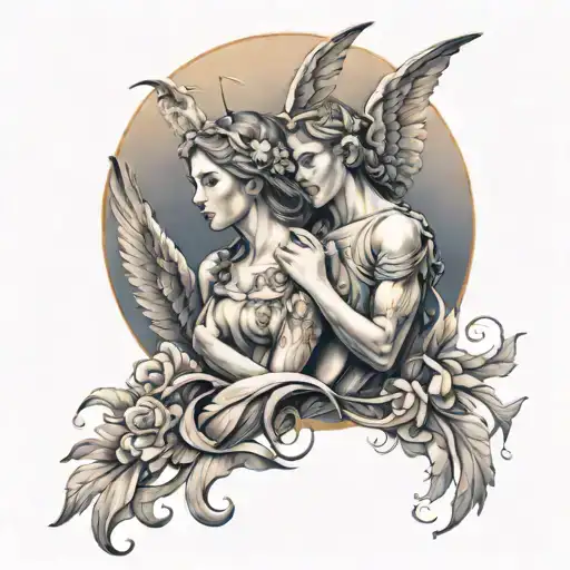 Design a tattoo for the arm depicting two angels, one male and one female, interacting in a harmonious and graceful  tattoo design idea