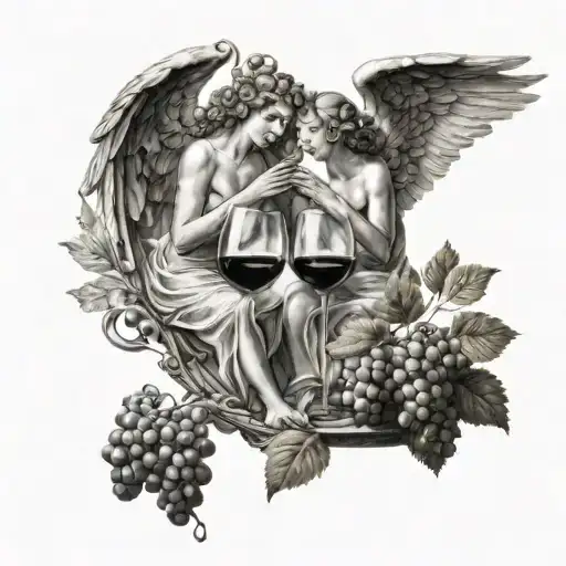 2 angels, one with a glass of wine and the other with some grapes in black and white tattoo design idea