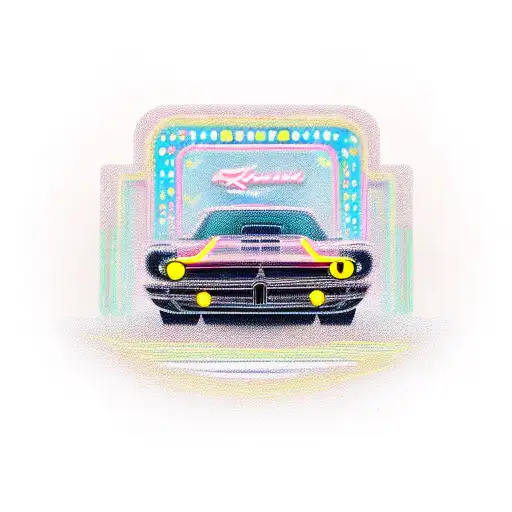 An intricate design of a classic car speeding through a neon-lit cityscape tattoo design idea