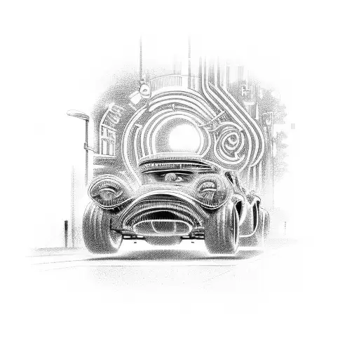 An intricate design of a classic car speeding through a neon-lit cityscape tattoo design idea