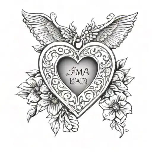 A heart-shaped locket with 'aama baba' engraved on it, surrounded by delicate floral designs tattoo design idea