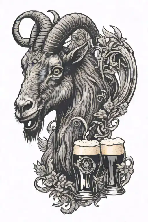 goat and crow drinking beer tattoo design idea