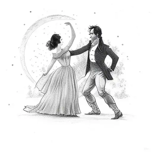 A silhouette of Mr. Darcy and Elizabeth Bennet dancing in a moonlit garden tattoo design idea
