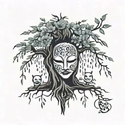 willow tree with okina mask at the foot of the tree and alyssa carved into the tree tattoo design idea