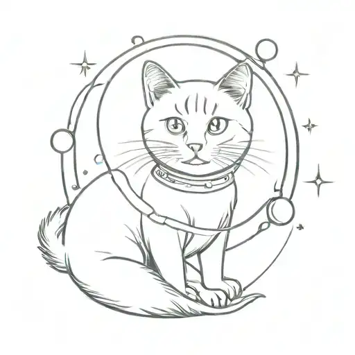 cat in space whit elmet on, on the background a planet made of a ball of wool tattoo design idea