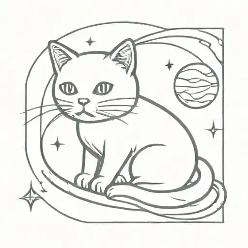cat  in space whit elmet on, on the background a planet madefrom a ball of wool tattoo design idea