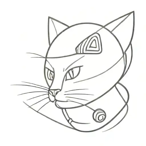 a small linear cat whit helmet on, on the background a ball of wool whit ring like saturn tattoo design idea