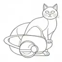 a small linear cat whit helmet on, on the background a ball of wool whit ring like saturn tattoo design idea