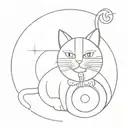 a small linear cat whit helmet on, on the background a ball of wool whit ring like saturn tattoo design idea