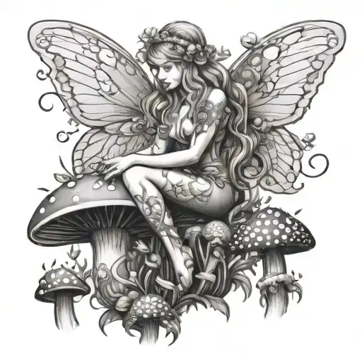 curvy winged fairy sitting in a mushroom garden scene with various mushrooms tattoo design idea