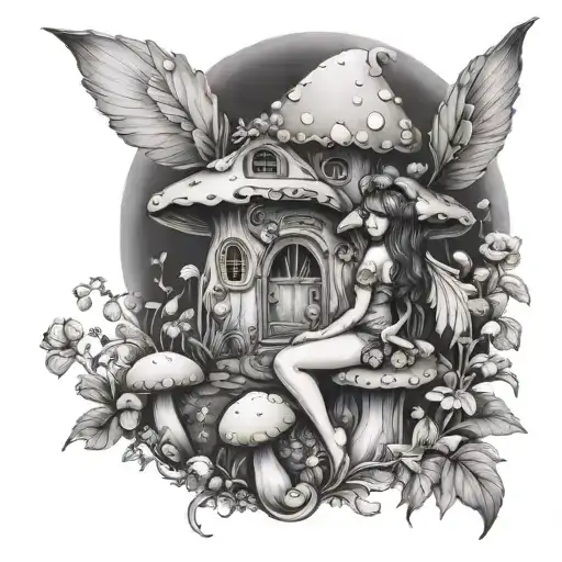 curvy winged fairy sitting in a mushroom garden scene with a mushroom house tattoo design idea