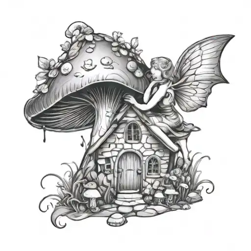 curvy winged fairy sitting in a mushroom garden scene with a mushroom house tattoo design idea