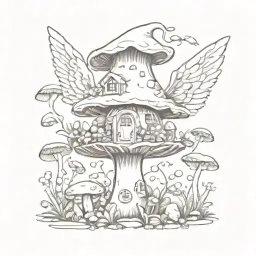 curvy winged fairy in a mushroom garden scene with a mushroom house tattoo design idea