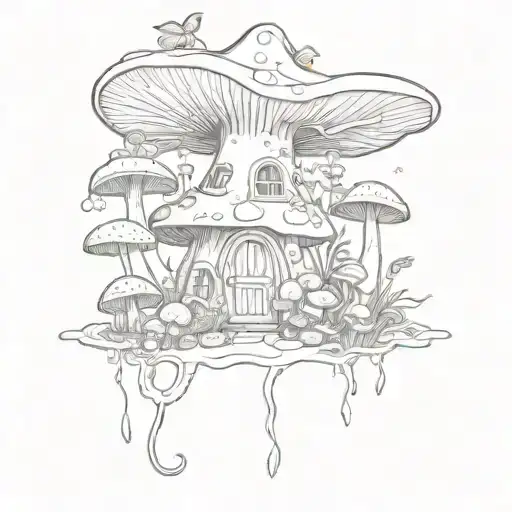 curvy winged fairy in a mushroom garden with a mushroom house and various mushrooms  tattoo design idea