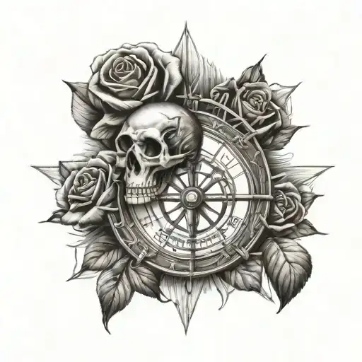 skull rose and ship wheel tattoo design idea