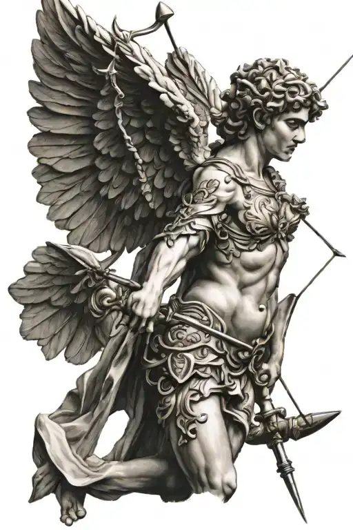 adult cupid shooting arrow statue tattoo design idea