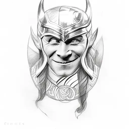 A sketch-style tattoo of Loki's mischievous smile tattoo design idea