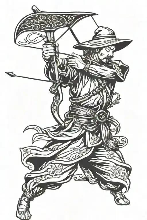 medieval archer, with waves forming the shape outline tattoo design idea