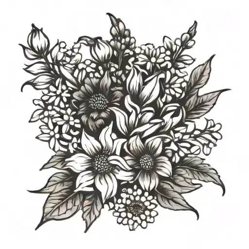 Black line flower small bouquet tattoo using sweetpea, aster, lily of the valley and chrysanthemum tattoo design idea