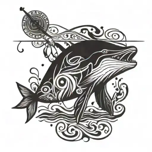 boy fishing whale with fishing rod tattoo design idea