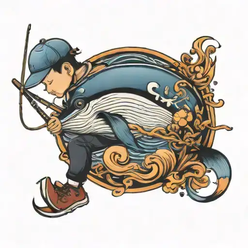 boy fishing whale with fishing rod tattoo design idea