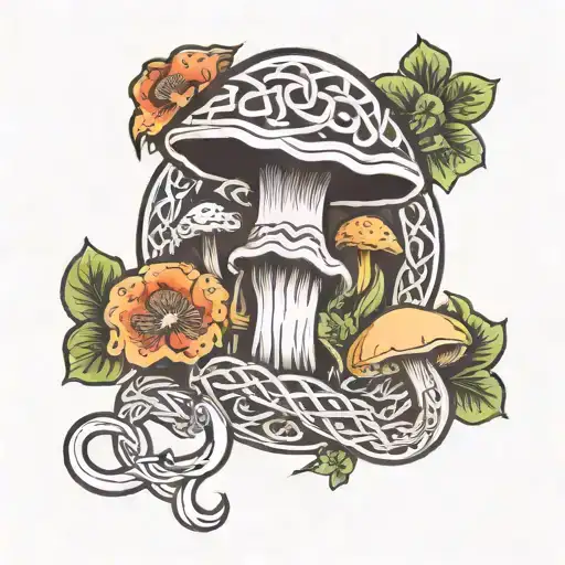 A Celtic knotwork design incorporating mushrooms and fire tattoo design idea