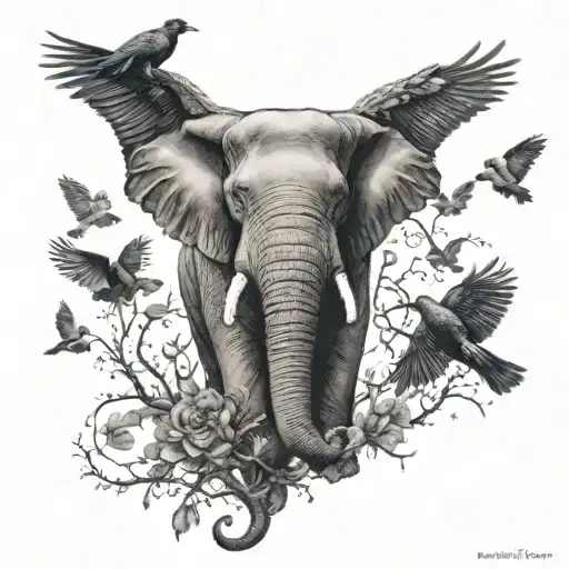 Elephant face with crows flying tattoo design idea