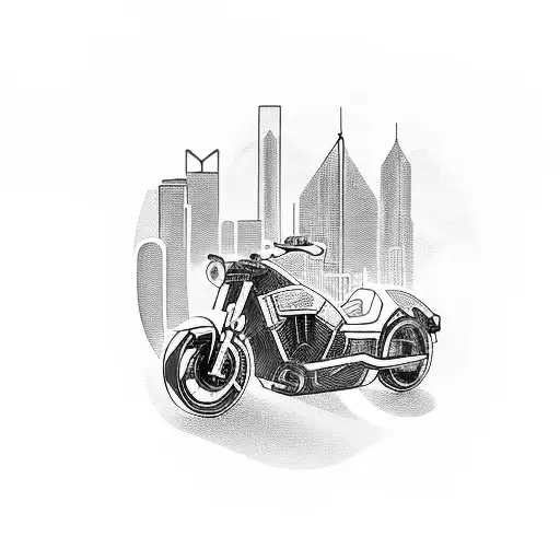 A sleek and futuristic motorcycle speeding through a cityscape at night tattoo design idea
