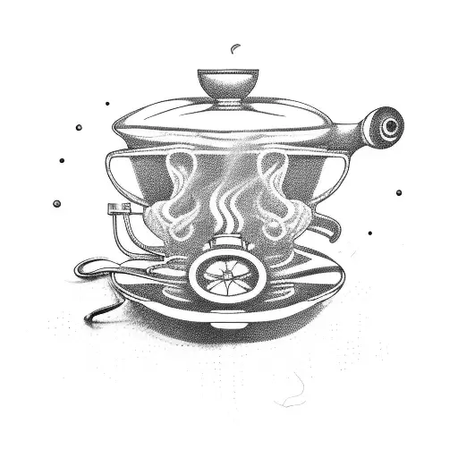 A vintage car transformed into a steaming coffee machine tattoo design idea