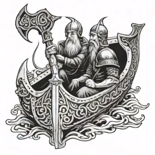 A mold maker casting a Viking ship in molten metal tattoo design idea