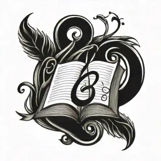 A tattoo design featuring a musical note intertwined with a winding path representing walking, with a book and pen in the background symbolizing reading, all in a blackwork style tattoo design idea