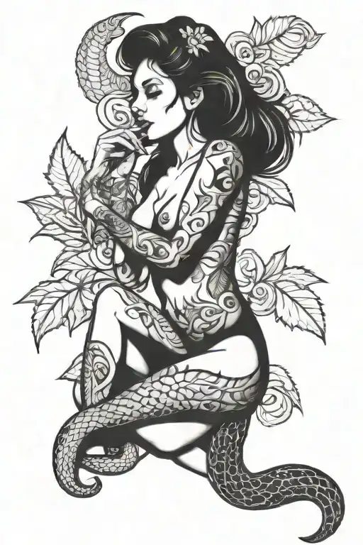 nude girl smoking weed snake wrapped tattoo design idea