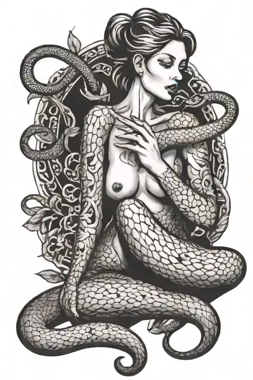 nude girl smoking joint snake wrapped tattoo design idea
