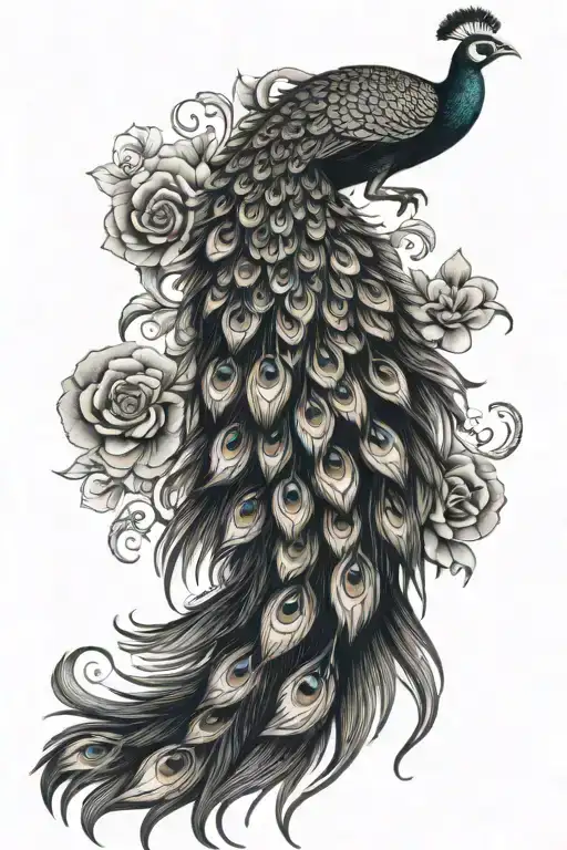 peacock with flower feathers hanging tattoo design idea