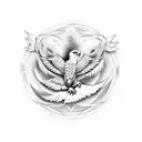 hourglass with eagle wings extending off it, all encompassed in a 2 by 2 inch circle.  tattoo design idea