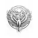 hourglass with eagle wings extending off it, all encompassed in a 2 by 2 inch circle.  tattoo design idea