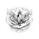 hourglass with eagle wings extending off it, all encompassed in a 2 by 2 inch circle.  tattoo design idea