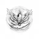 hourglass with eagle wings extending off it, all encompassed in a 2 by 2 inch circle.  tattoo design idea