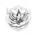 hourglass with eagle wings extending off it, all encompassed in a 2 by 2 inch circle.  tattoo design idea