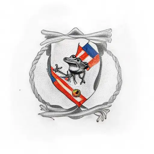 A traditional-style tattoo of the Puerto Rican flag with a Coqui frog perched on top, symbolizing your love for your homeland and its unique wildlife. tattoo design idea
