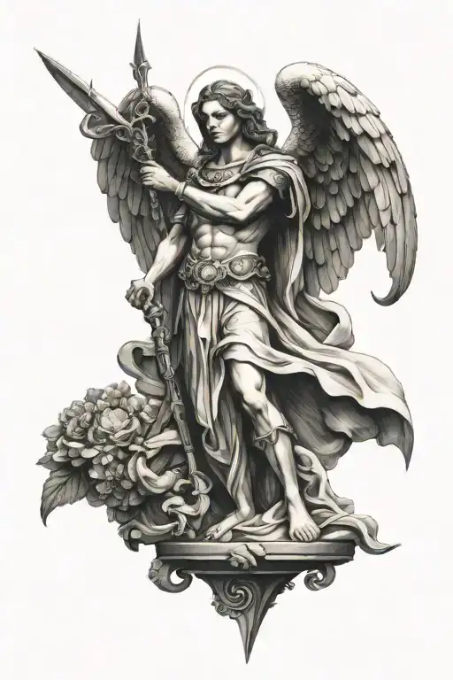Archangel St Raphael holding a caduceus as a statue tattoo design idea