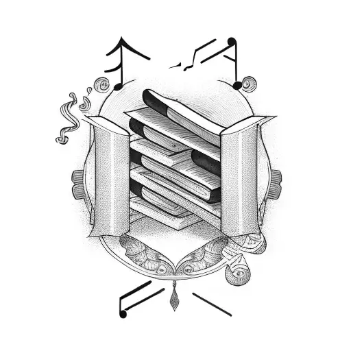 A stack of books with musical notes flowing out of them tattoo design idea