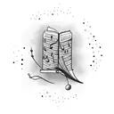 A stack of books with musical notes flowing out of them tattoo design idea