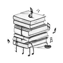 A stack of books with musical notes flowing out of them tattoo design idea