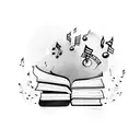 A stack of books with musical notes flowing out of them tattoo design idea